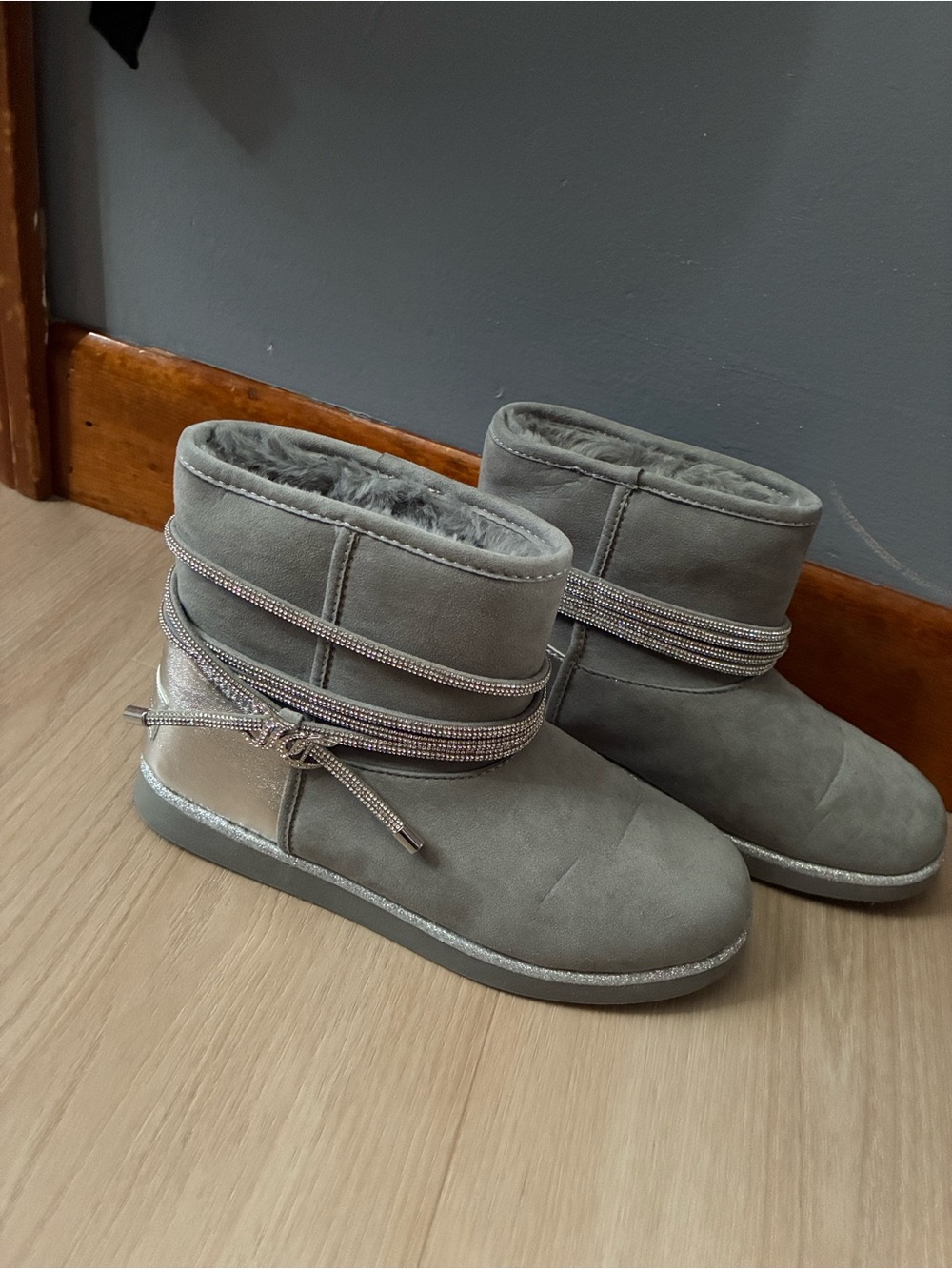 Juicy Couture Gray Plush-Lined Ankle Boots with Sparkle Wrap